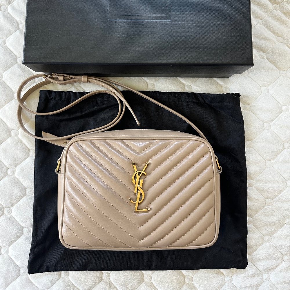 YSL Saint Laurent Lou Quilted Calfskin Leather Dark Beige Camera Bag